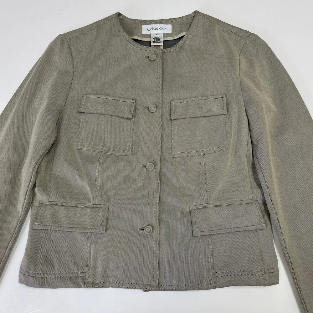 Y2K Calvin Klein Women's Olive Taupe Utility Blazer Jacket 6 Twill Cargo